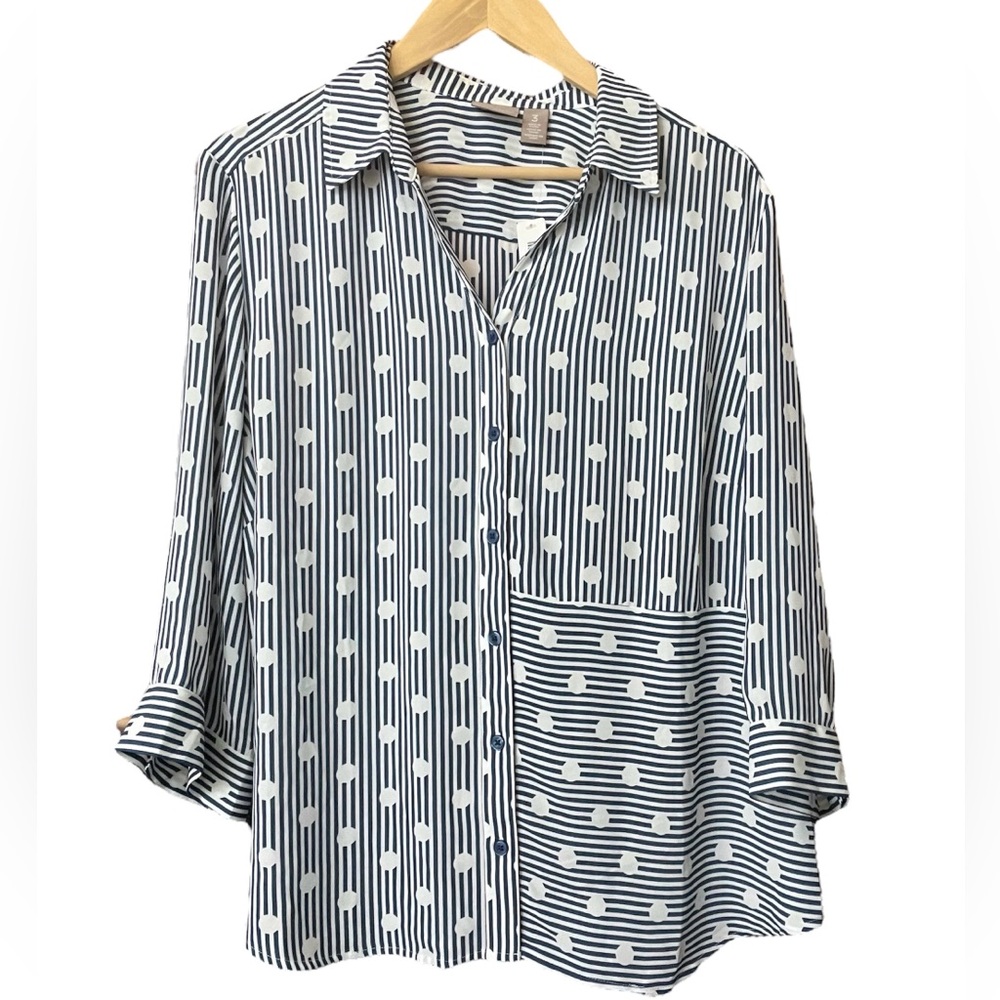 Chico's Blue and White Stripes & Polka Dots Button Down Shirt - size 3 (US 16)